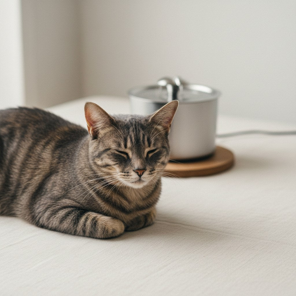 Editorial photo of a gray tabby cat resting beside a brushed stainless steel water fountain on cream linen