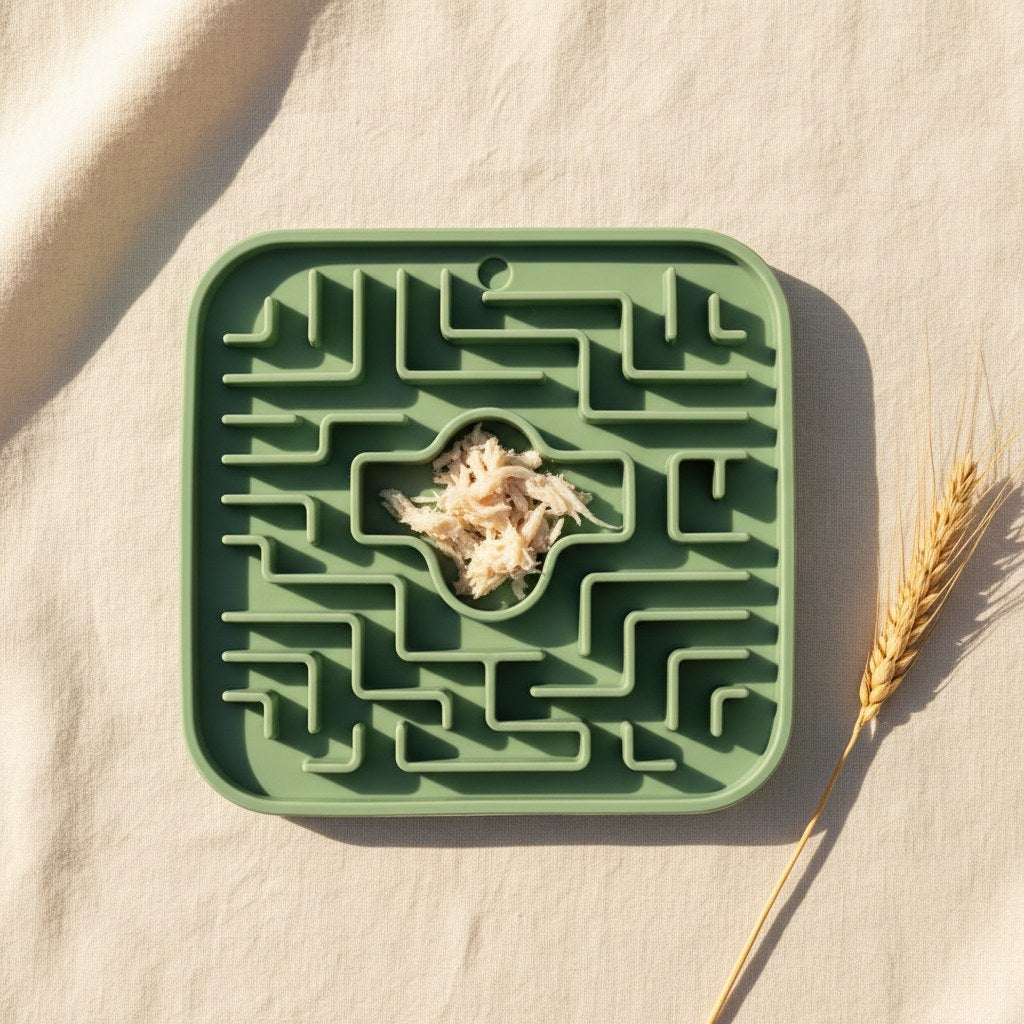 Top-down view of a sage-green silicone slow feeder mat with wet cat food on cream linen