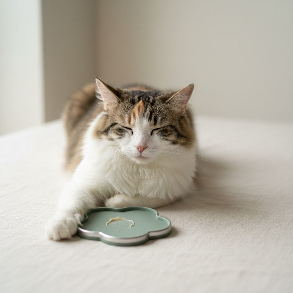 Long-haired calico cat resting peacefully beside a sage silicone lick mat