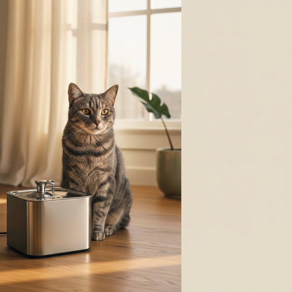 Senior gray tabby cat sitting beside a brushed stainless steel water fountain in golden window light
