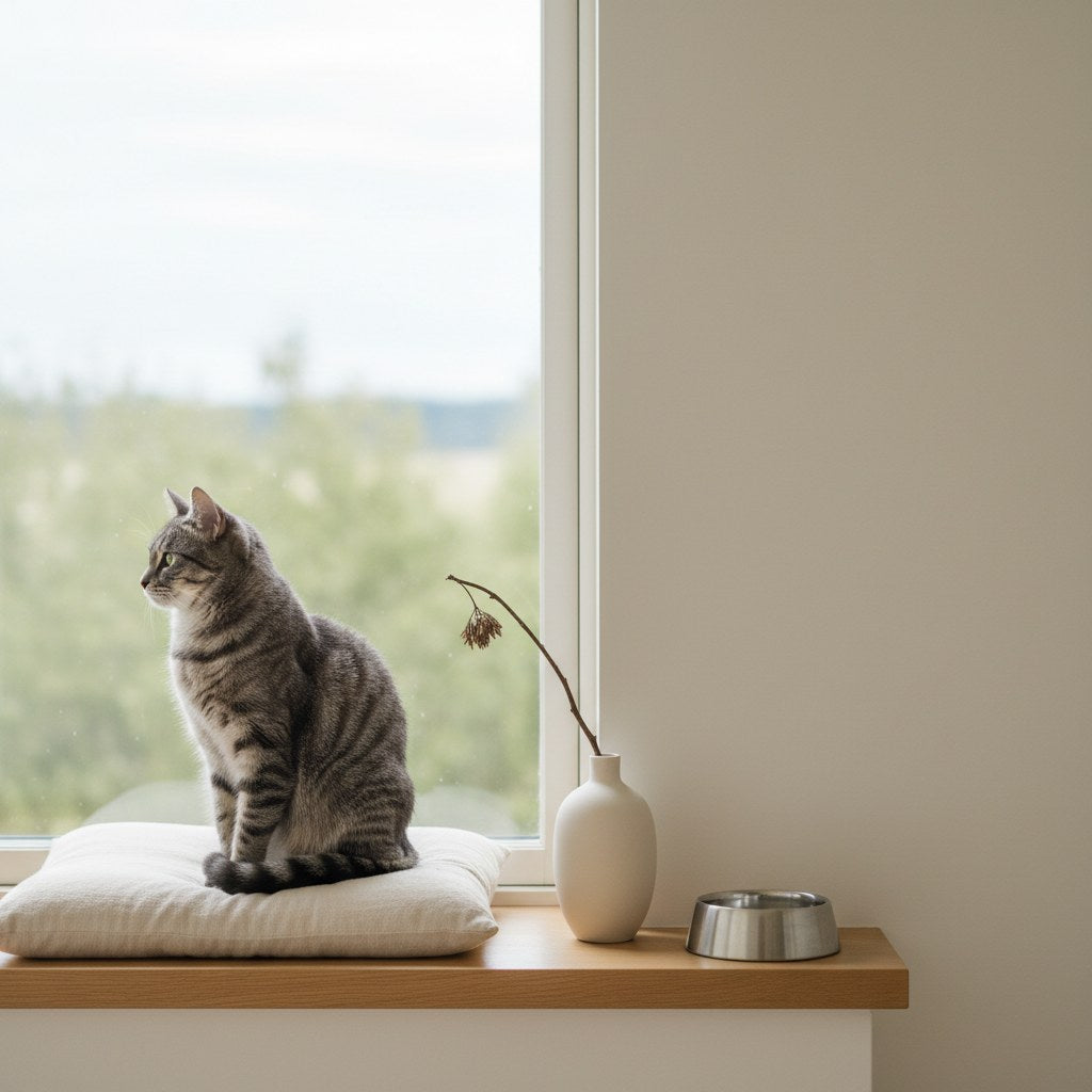 Gray tabby cat sitting on a sunlit windowsill perch looking outside