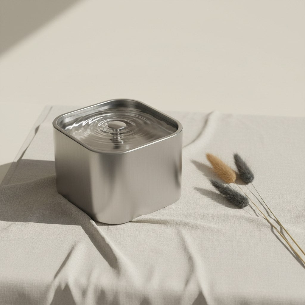 Editorial still-life of a Mewra Pure Flow stainless steel cat water fountain on cream linen