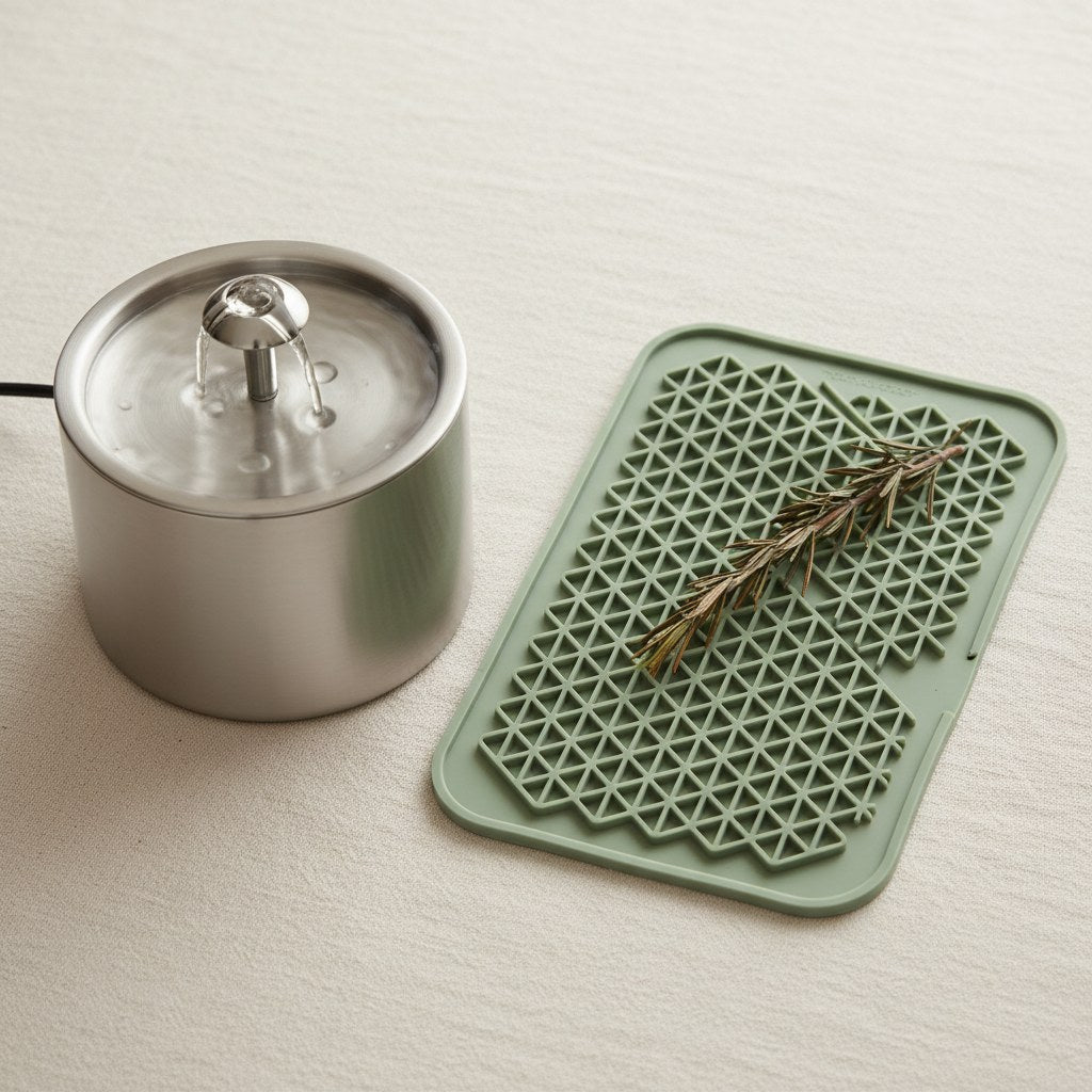 Flat-lay of premium cat tech products - fountain, lick mat, accent botanical on cream linen