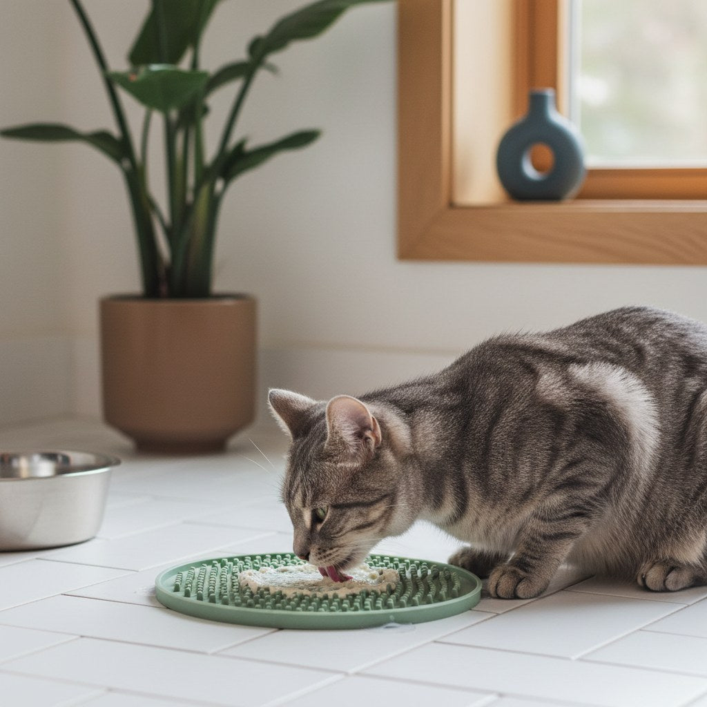 Gray tabby cat calmly licking food from a sage silicone lick mat in sunlight