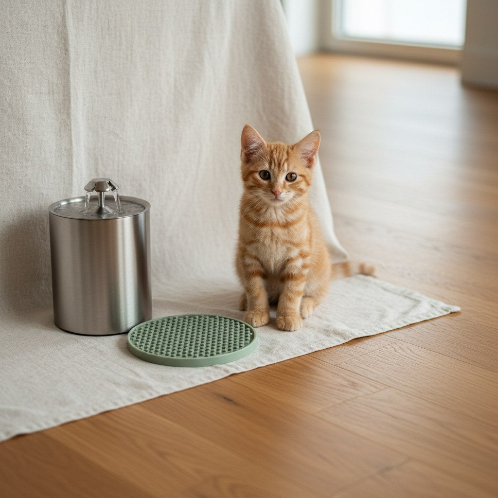 Young tabby kitten beside Mewra Pure Flow fountain and Calm Bowl on cream linen