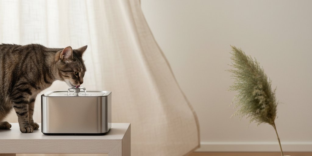 Mewra Pure Flow cat fountain in modern scandinavian living room with cat drinking