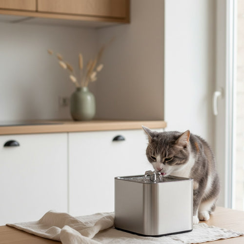 Tabby cat drinking from Mewra Pure Flow stainless steel cat fountain in scandinavian kitchen