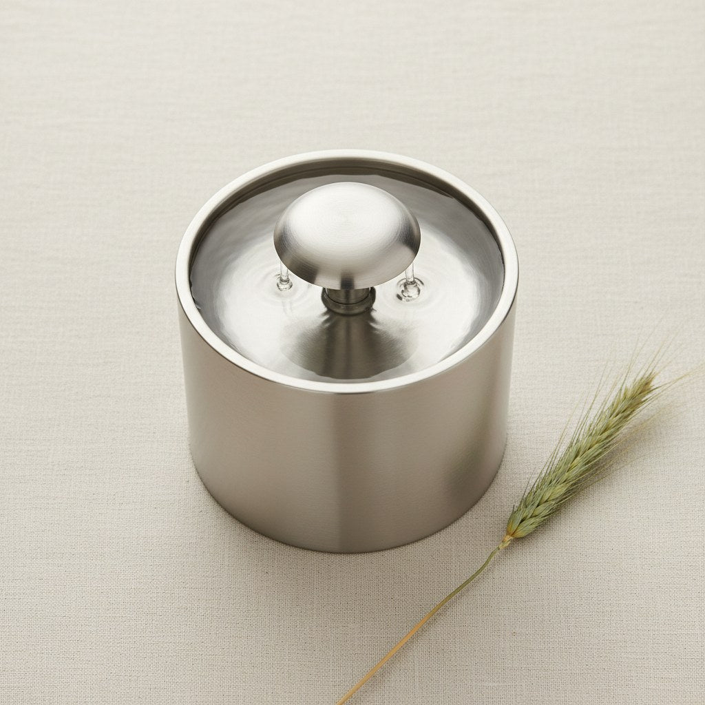 Mewra Pure Flow 4L stainless steel cat fountain top-down view on cream linen