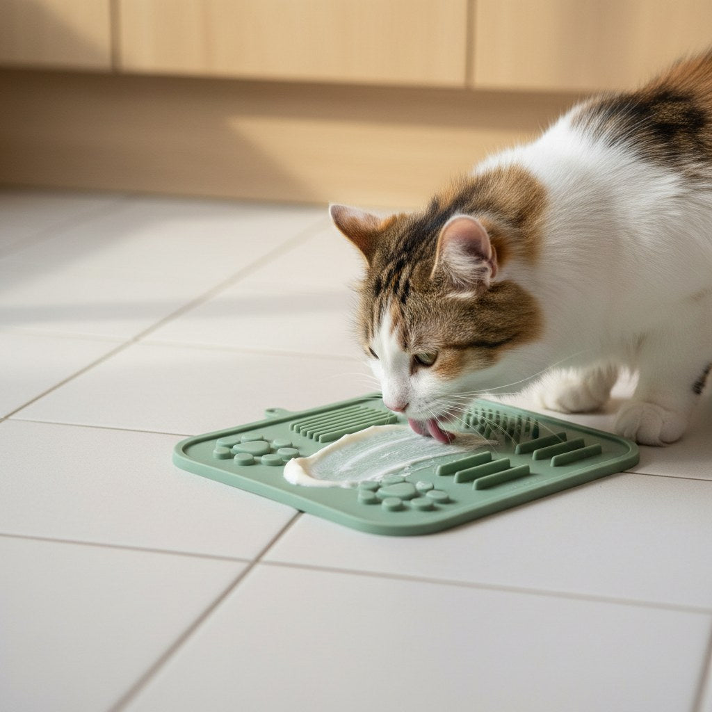 Calico cat licking Mewra Calm Bowl with yogurt spread