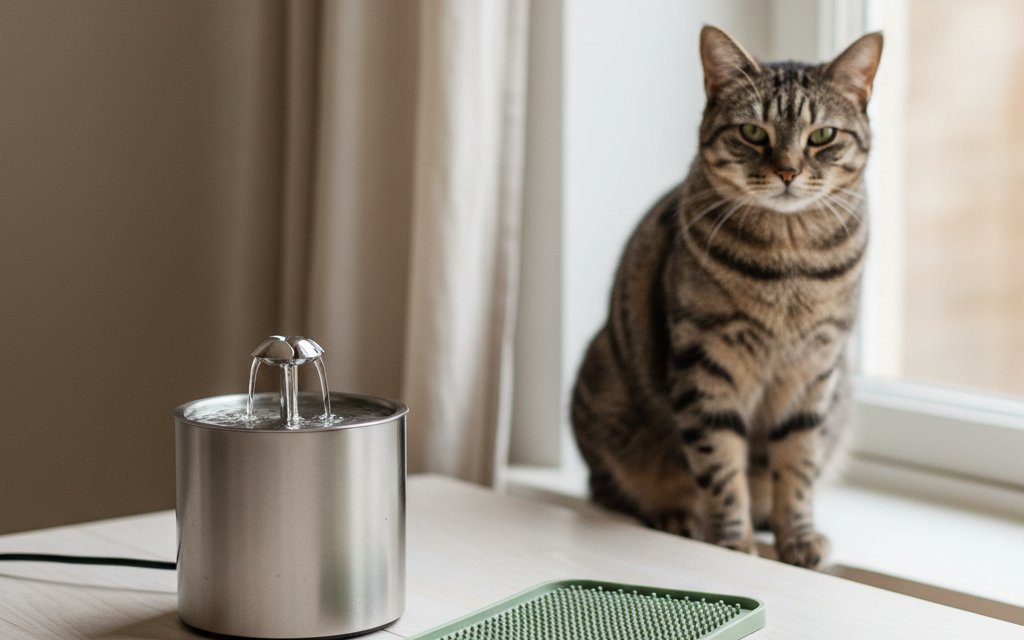 Mewra Hydration Starter Kit — fountain and lick mat bundle on oak surface