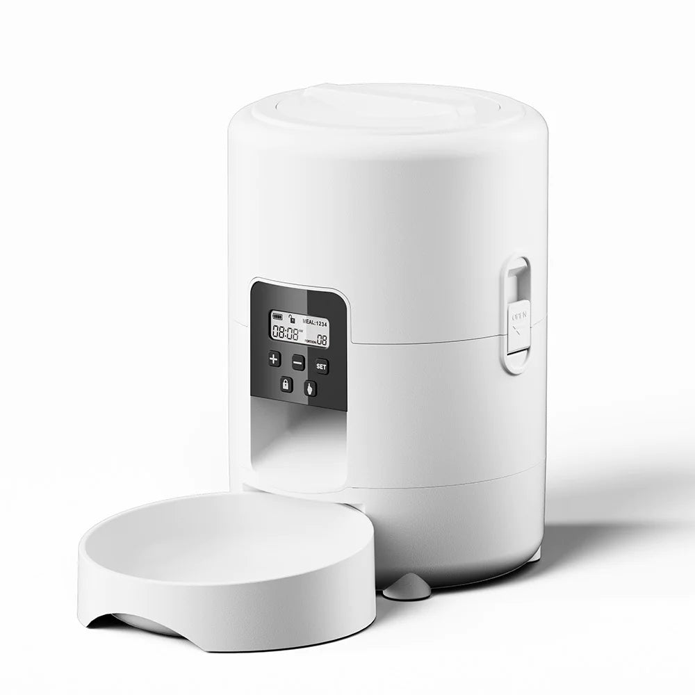 Mewra Auto Feeder side view showing dispensing port and stainless food bowl