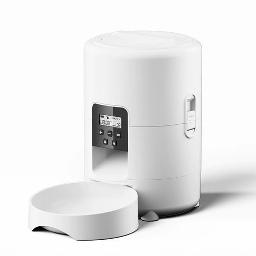 Mewra Auto Feeder side view showing dispensing port and stainless food bowl