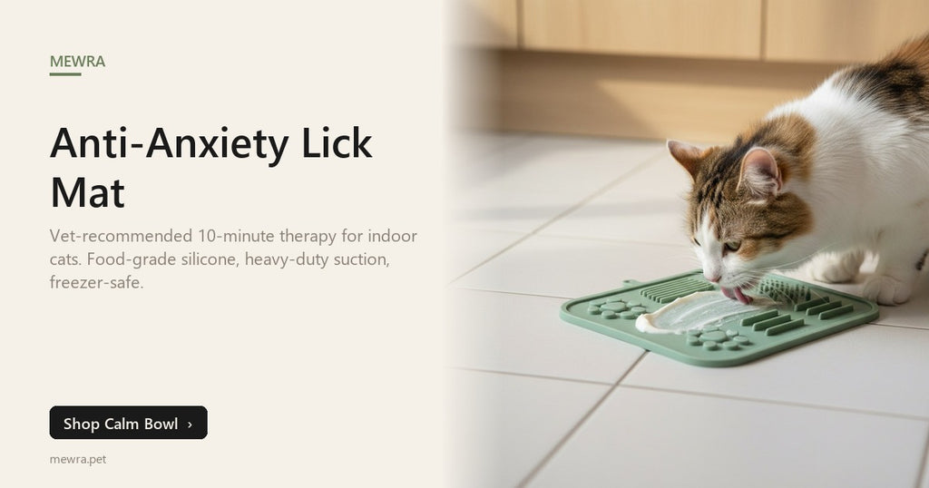 Mewra Calm Bowl — anti-anxiety lick mat with cat licking peacefully