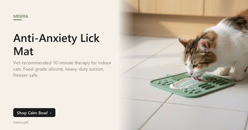 Mewra Calm Bowl — anti-anxiety lick mat with cat licking peacefully