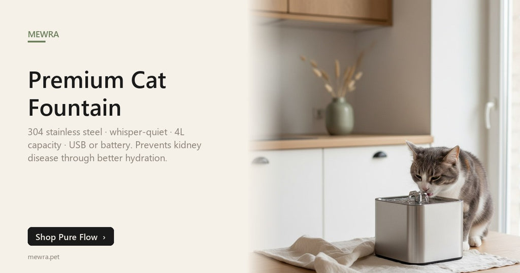 Mewra Pure Flow — premium stainless steel cat water fountain with cat drinking